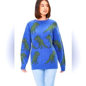 Forever 21 - Green T Rex Graphic Blue Crewneck Long Sleeve Sweater Size Small